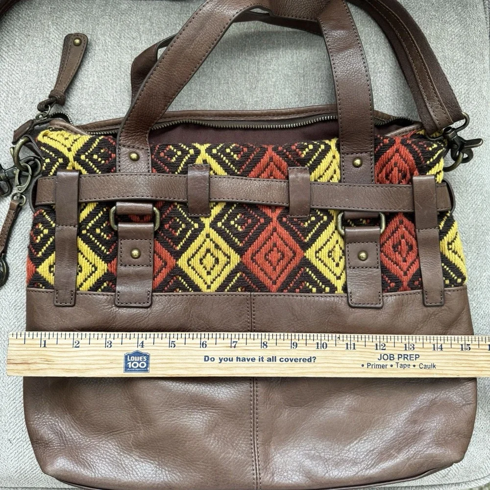 Audrey Brooke Leather Woven Bag Shoulder Bag Crossbody Brown Red Yellow‎ Tribal